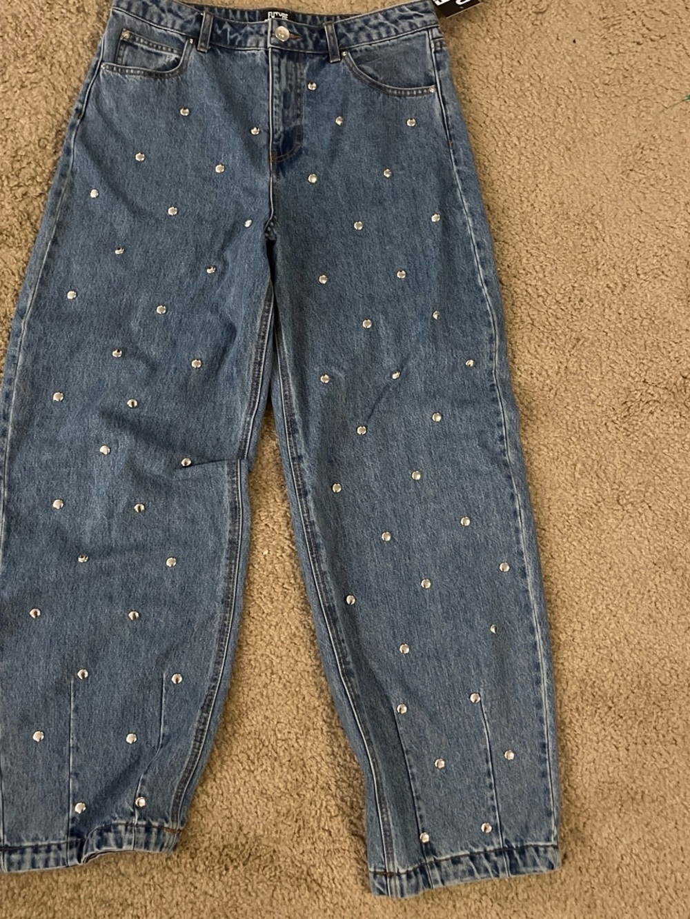 Embellished Cropped Blue Denim Jeans with Crystal Studs
